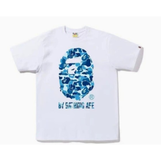 White BAPE T-Shirt with Blue Camo Ape Head and "BY BATHING APE" Logo